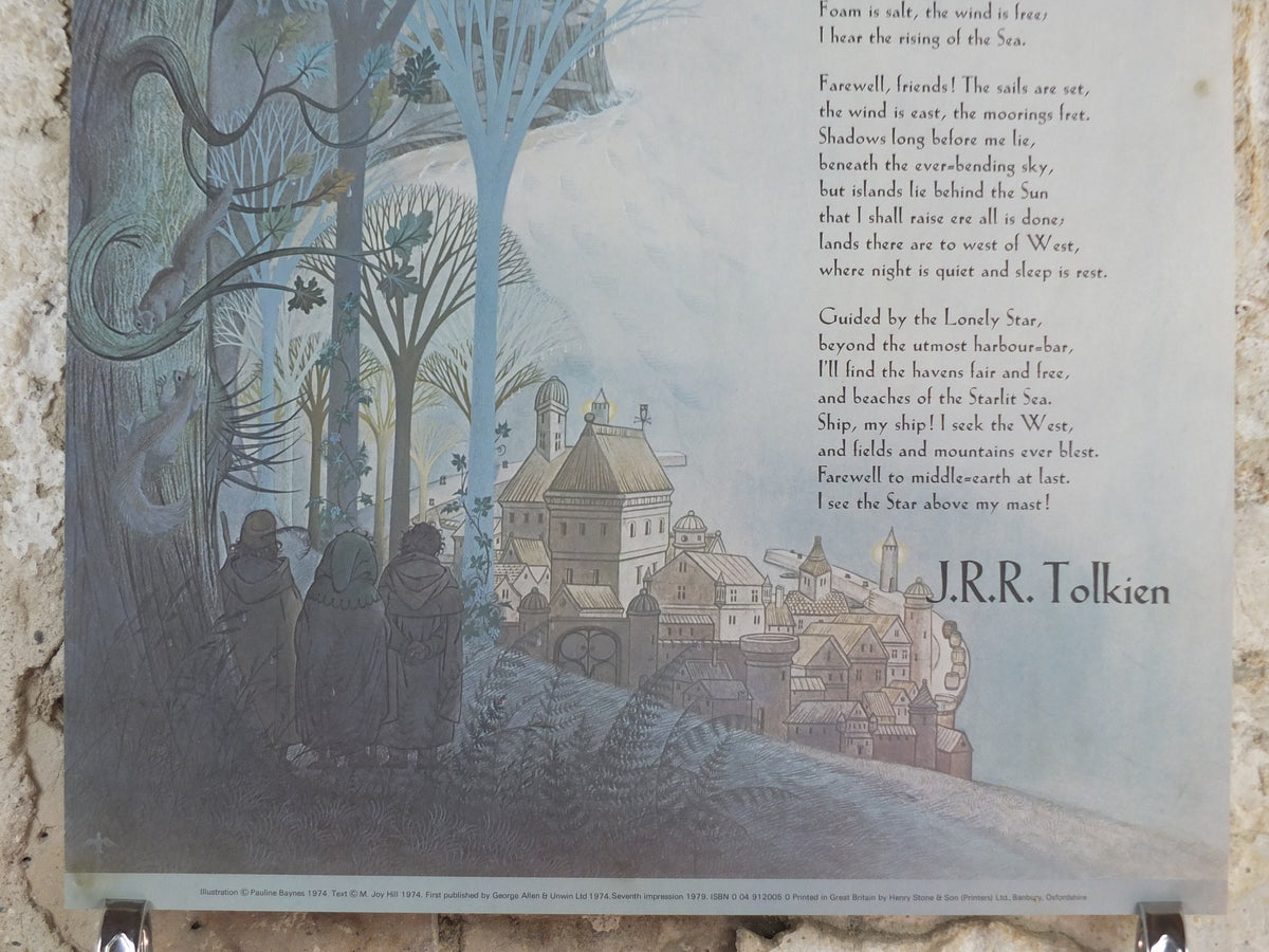 1979 Pauline Baynes Bilbo's Last Song Poster, J.R.R. Tolkien, Lord of the Rings, The Hobbit, Gray Havens, fantasy wall art decor