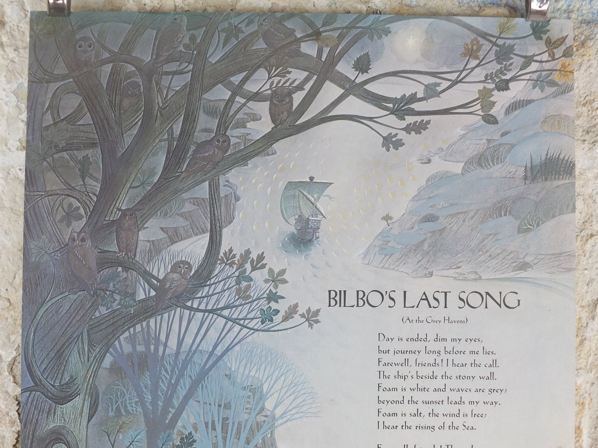 1979 Pauline Baynes Bilbo's Last Song Poster, J.R.R. Tolkien, Lord of the Rings, The Hobbit, Gray Havens, fantasy wall art decor