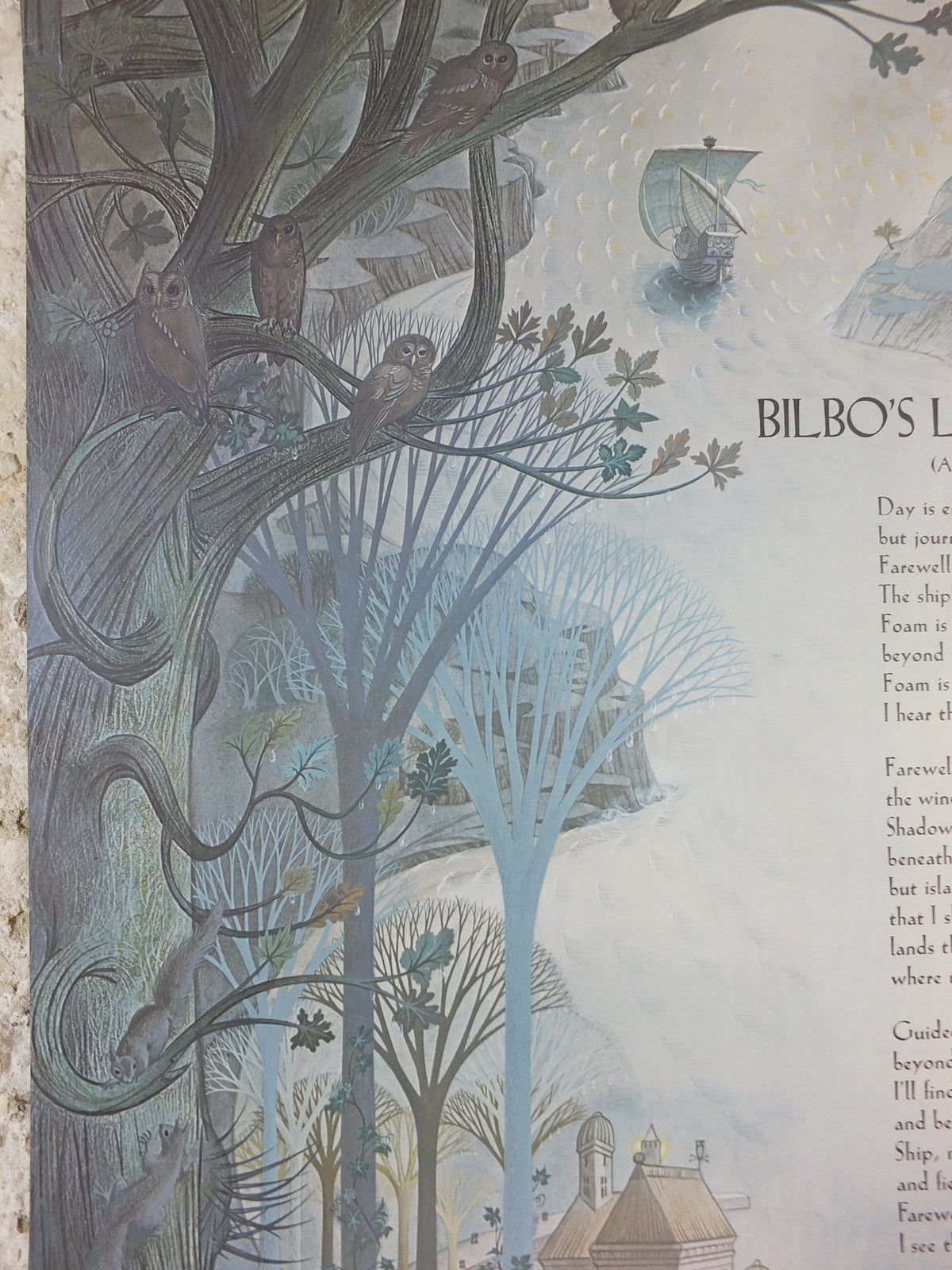 1979 Pauline Baynes Bilbo's Last Song Poster, J.R.R. Tolkien, Lord of the Rings, The Hobbit, Gray Havens, fantasy wall art decor