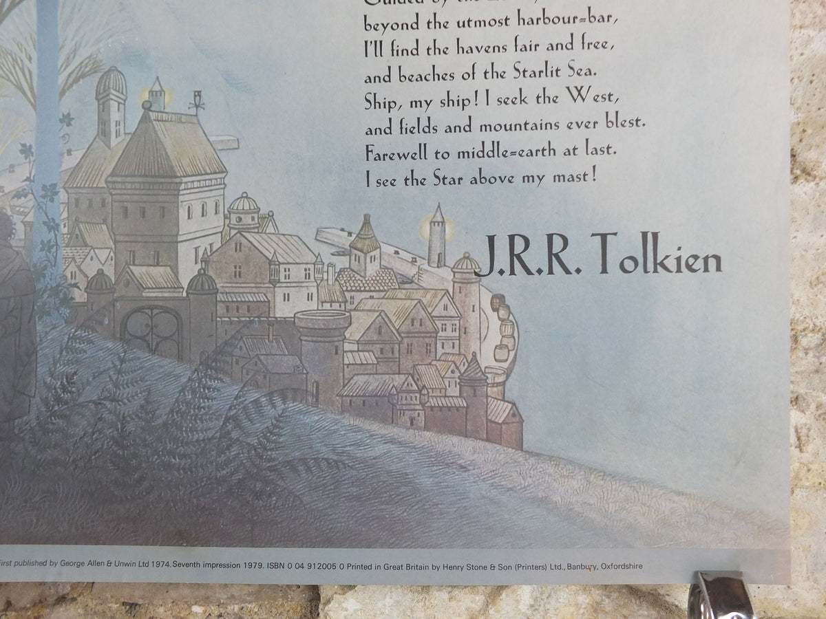 1979 Pauline Baynes Bilbo's Last Song Poster, J.R.R. Tolkien, Lord of the Rings, The Hobbit, Gray Havens, fantasy wall art decor