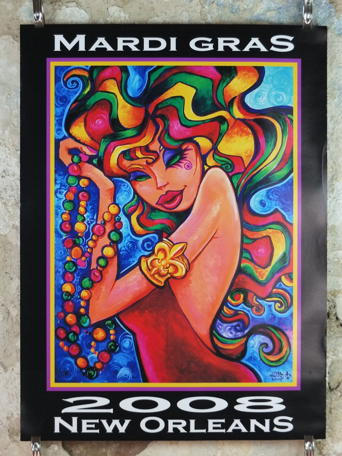 2008 Mardi Gras New Orleans Poster, colourful woman at the carnival with rainbow air and beads, travel wall art decor