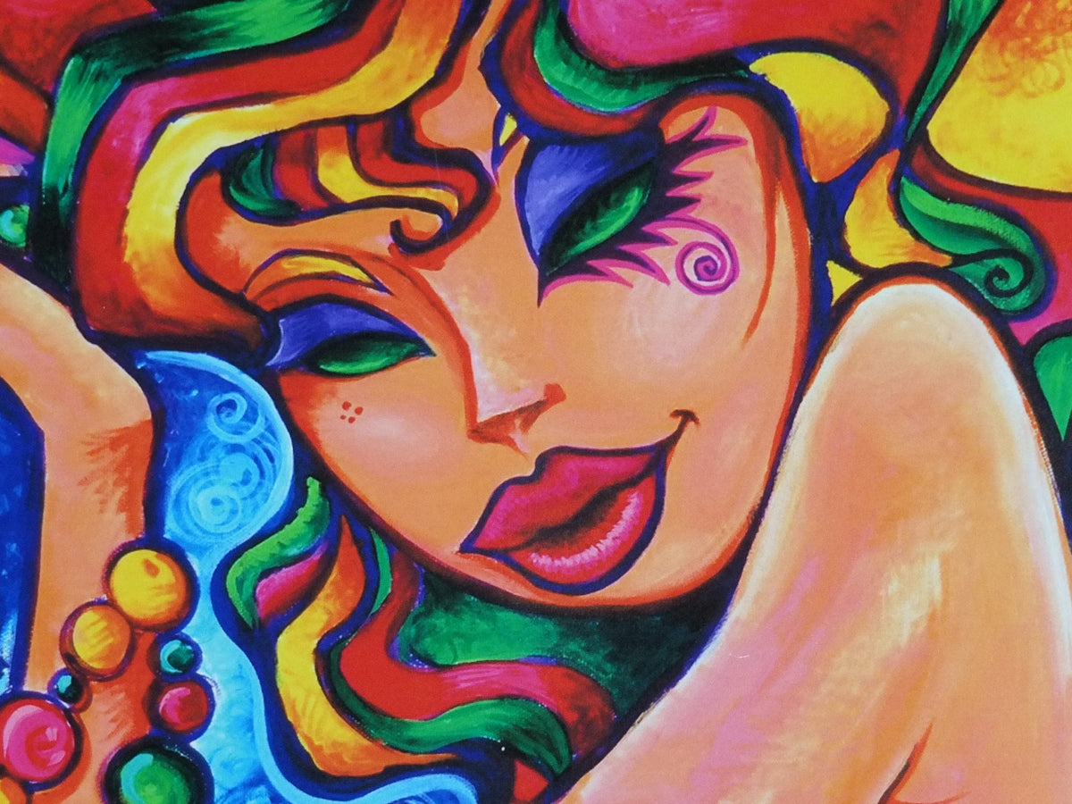 2008 Mardi Gras New Orleans Poster, colourful woman at the carnival with rainbow air and beads, travel wall art decor