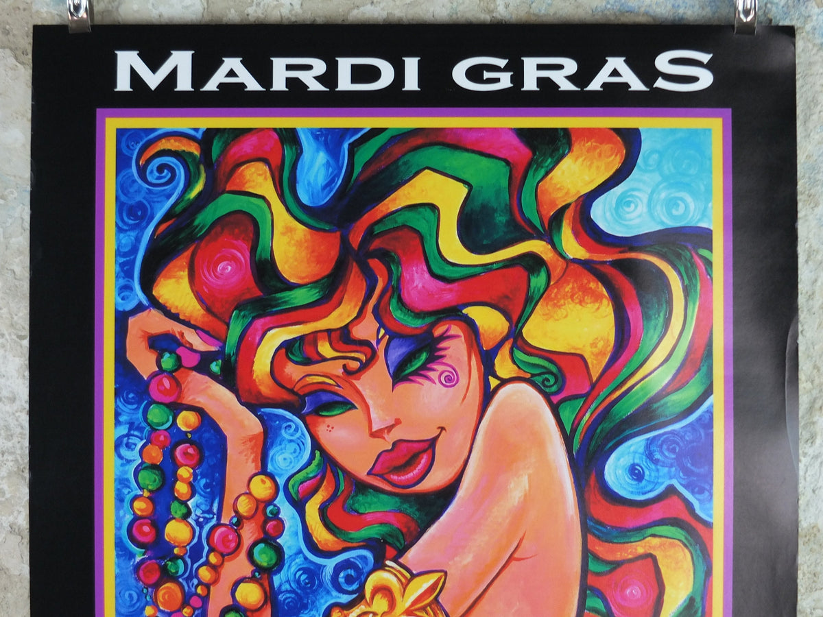 2008 Mardi Gras New Orleans Poster, colourful woman at the carnival with rainbow air and beads, travel wall art decor