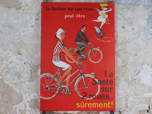1950 Cycling Poster, French National Lottery, beautiful couple smiling and cycling in red, by Pierre Courrone, print wall art retro decor