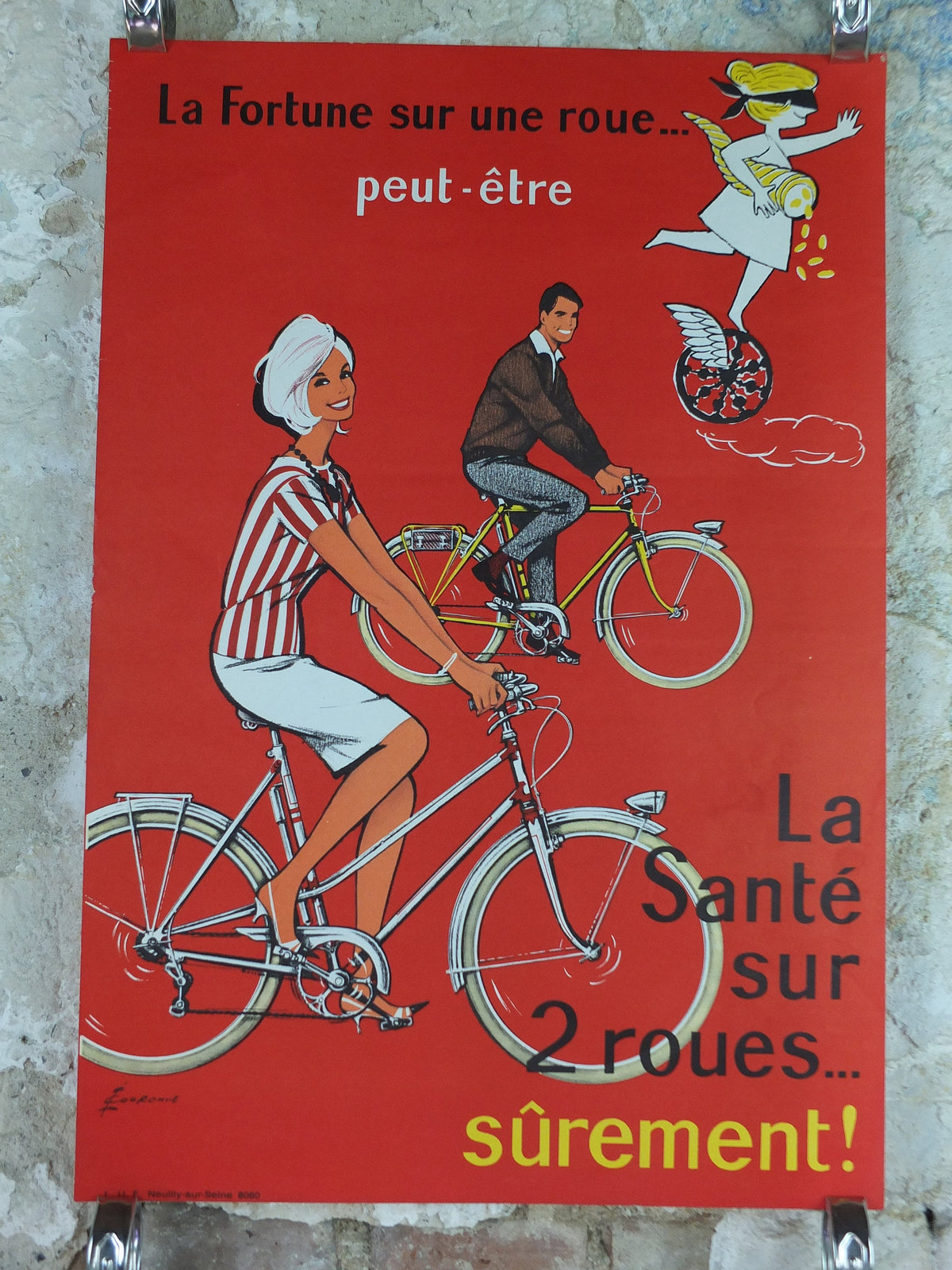1950 Cycling Poster, French National Lottery, beautiful couple smiling and cycling in red, by Pierre Courrone, print wall art retro decor