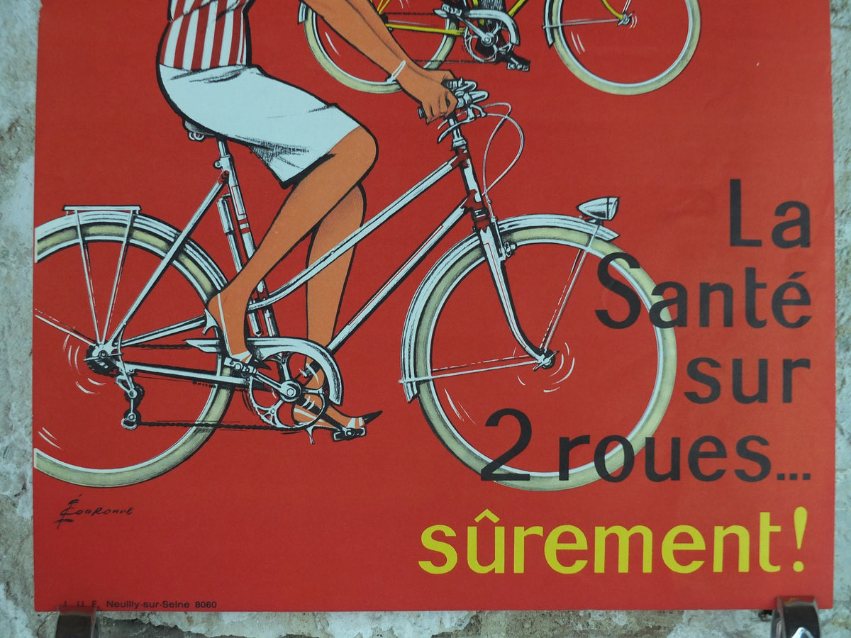 1950 Cycling Poster, French National Lottery, beautiful couple smiling and cycling in red, by Pierre Courrone, print wall art retro decor