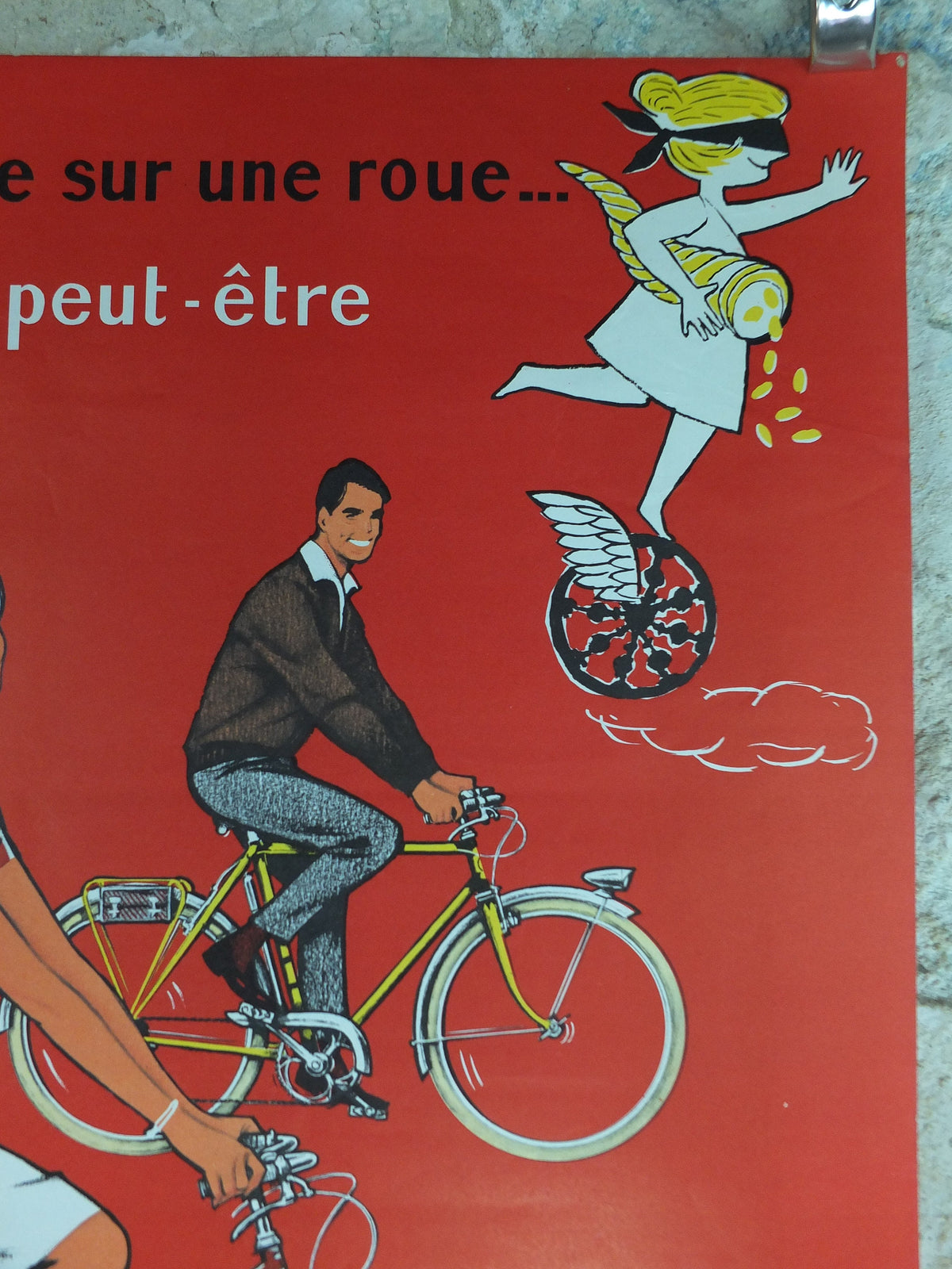 1950 Cycling Poster, French National Lottery, beautiful couple smiling and cycling in red, by Pierre Courrone, print wall art retro decor