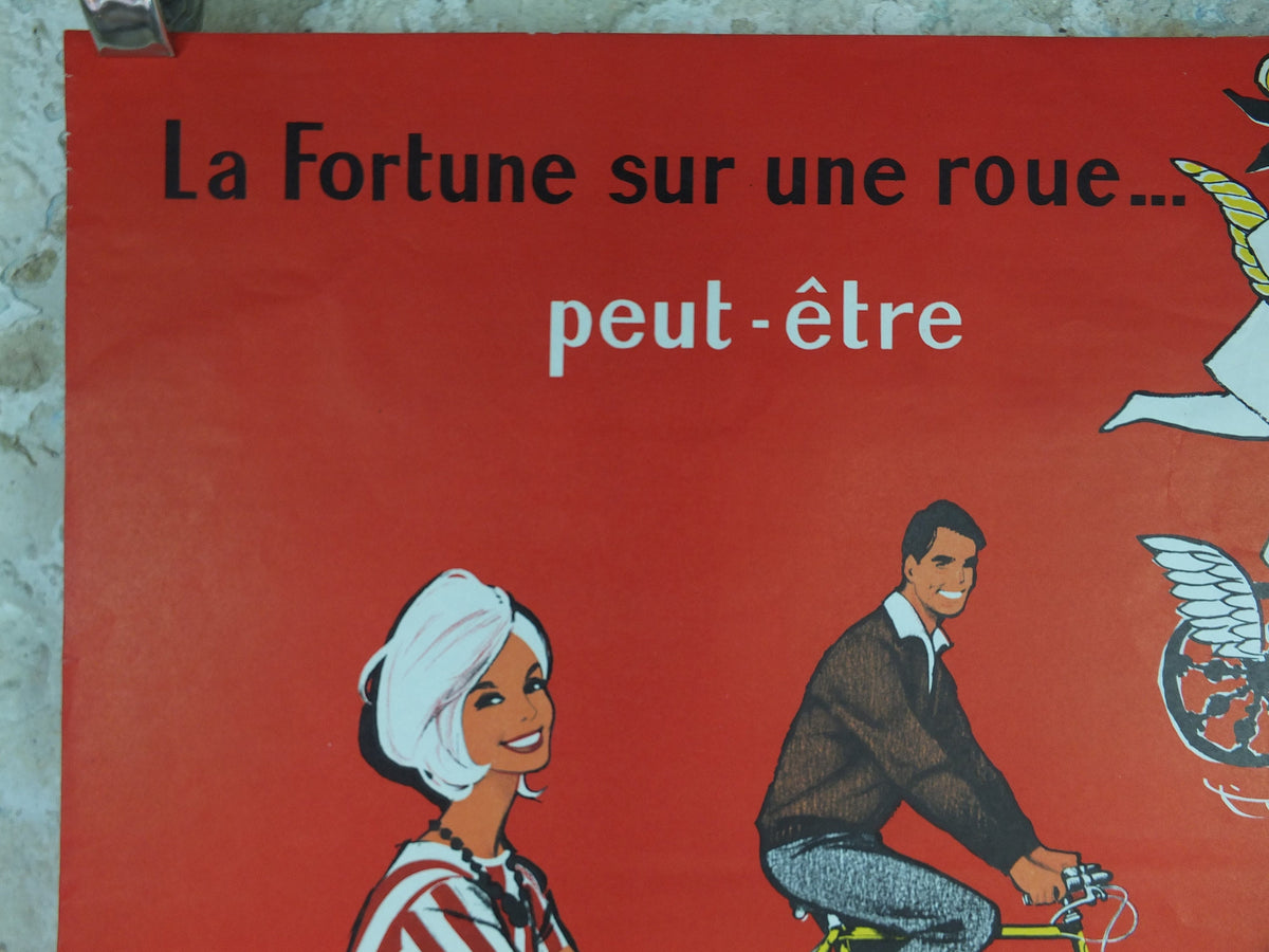 1950 Cycling Poster, French National Lottery, beautiful couple smiling and cycling in red, by Pierre Courrone, print wall art retro decor