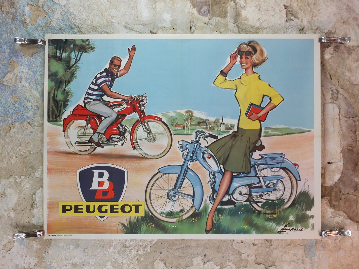 1950s Peugeot BB Moped Poster, elegantly beautiful French couple smiling and riding moped, by Pierre Courrone, print wall art retro decor