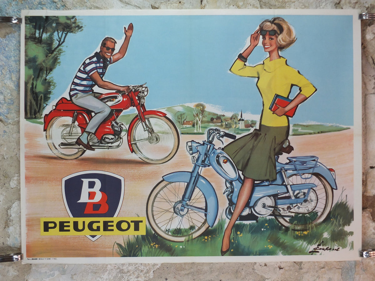 1950s Peugeot BB Moped Poster, elegantly beautiful French couple smiling and riding moped, by Pierre Courrone, print wall art retro decor