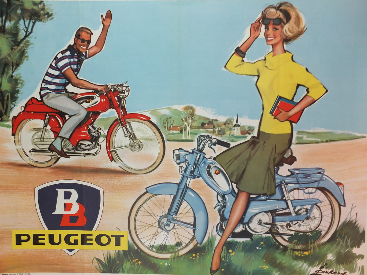 1950s Peugeot BB Moped Poster, elegantly beautiful French couple smiling and riding moped, by Pierre Courrone, print wall art retro decor