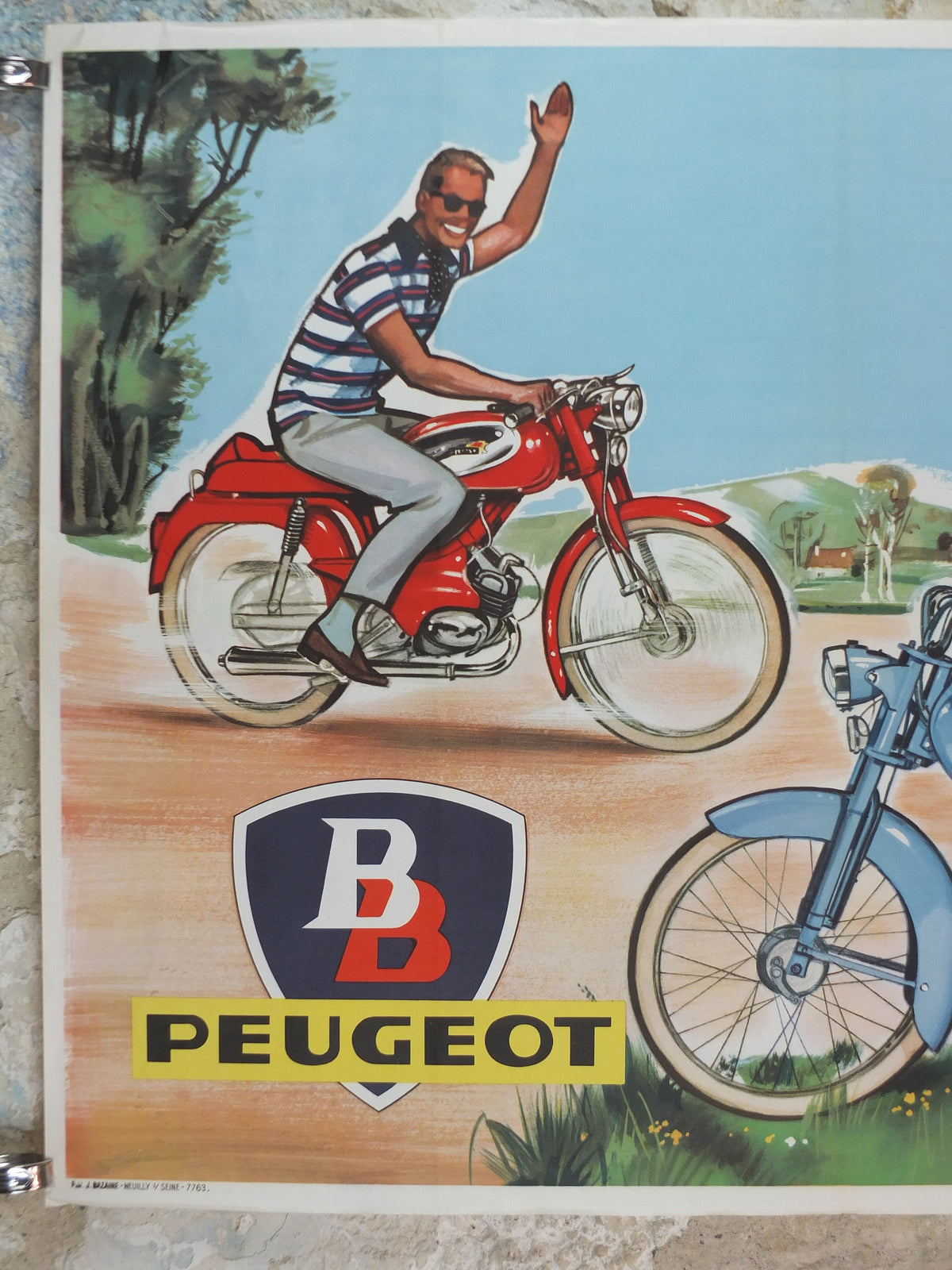 1950s Peugeot BB Moped Poster, elegantly beautiful French couple smiling and riding moped, by Pierre Courrone, print wall art retro decor
