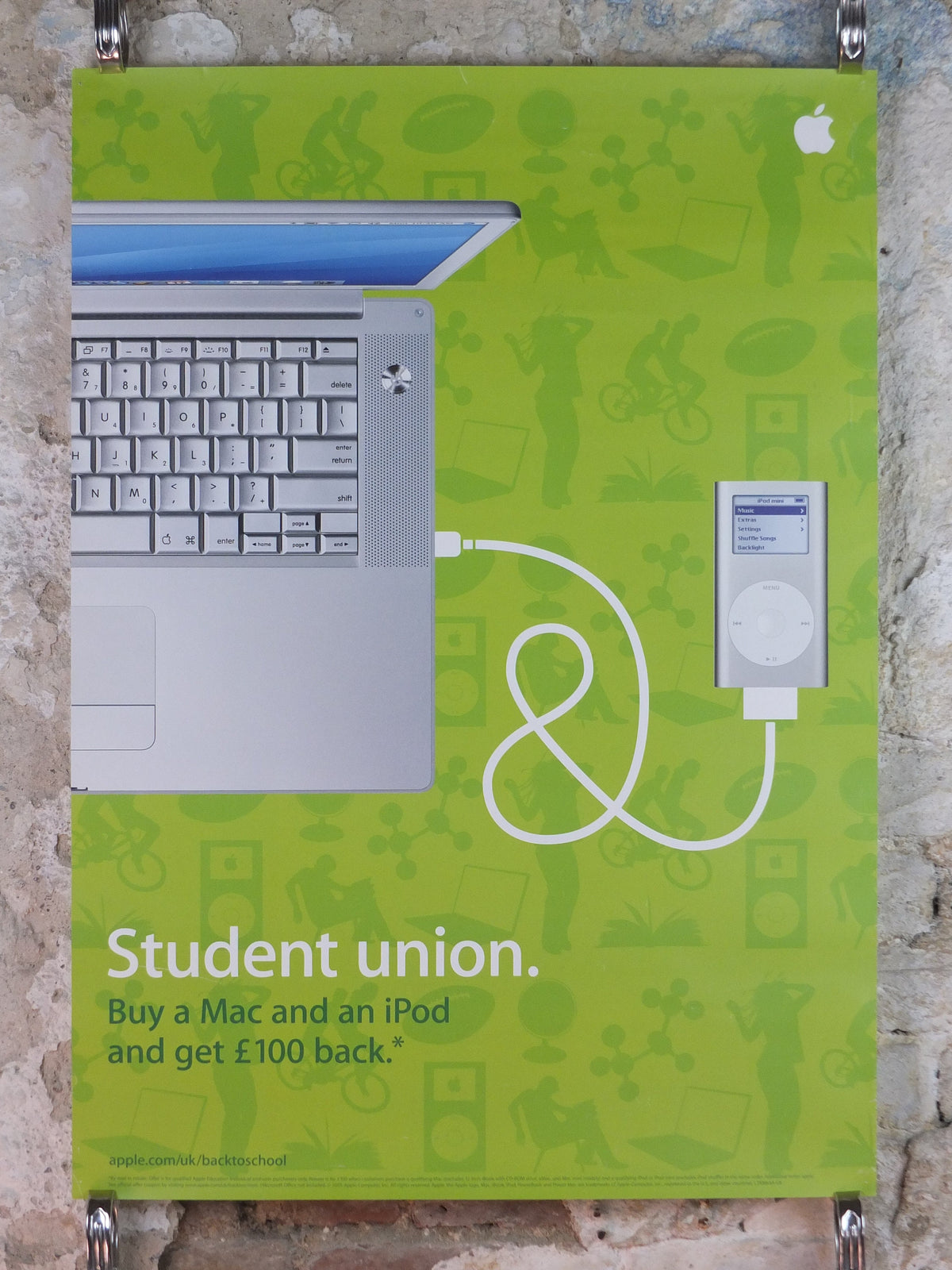 2005 Apple Mac & iPod Poster, Student Union offer buy a Mac and iPod and get 100 back, computer and music player, retro wall art decor