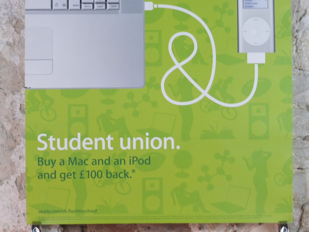 2005 Apple Mac & iPod Poster, Student Union offer buy a Mac and iPod and get 100 back, computer and music player, retro wall art decor