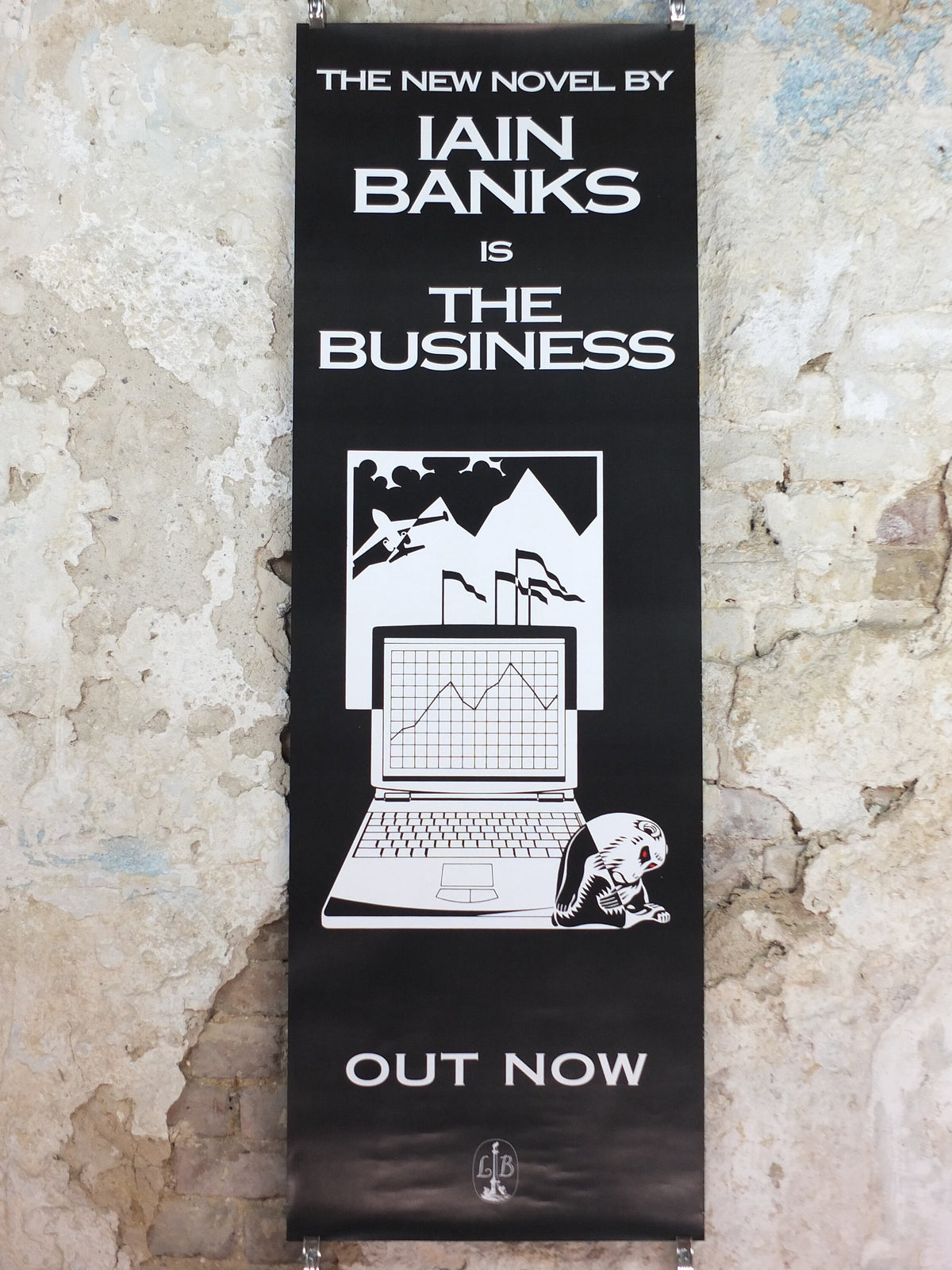 1999 Iain Banks Poster, The Business, "Break into Banks", double sided, narrow and monochrome, wall art retro decor