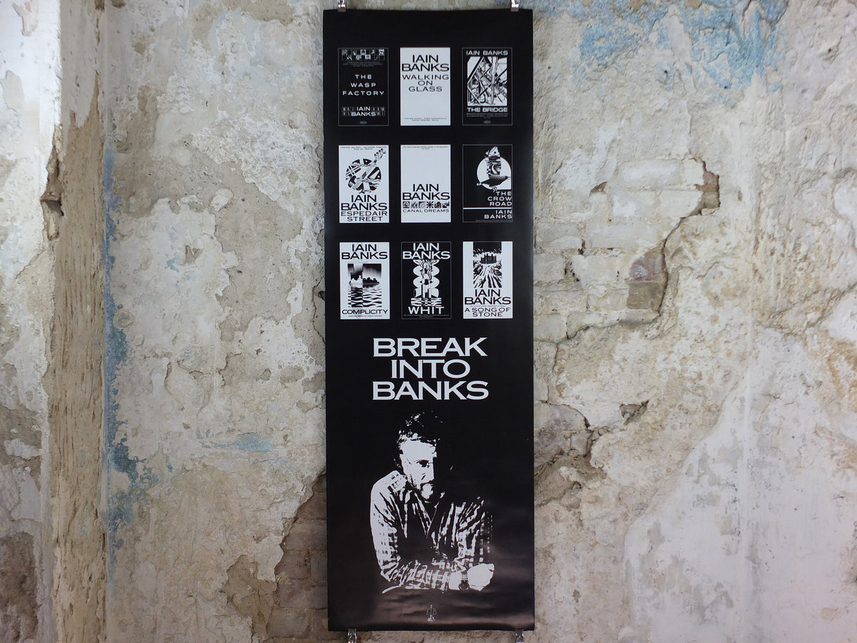 1999 Iain Banks Poster, The Business, "Break into Banks", double sided, narrow and monochrome, wall art retro decor