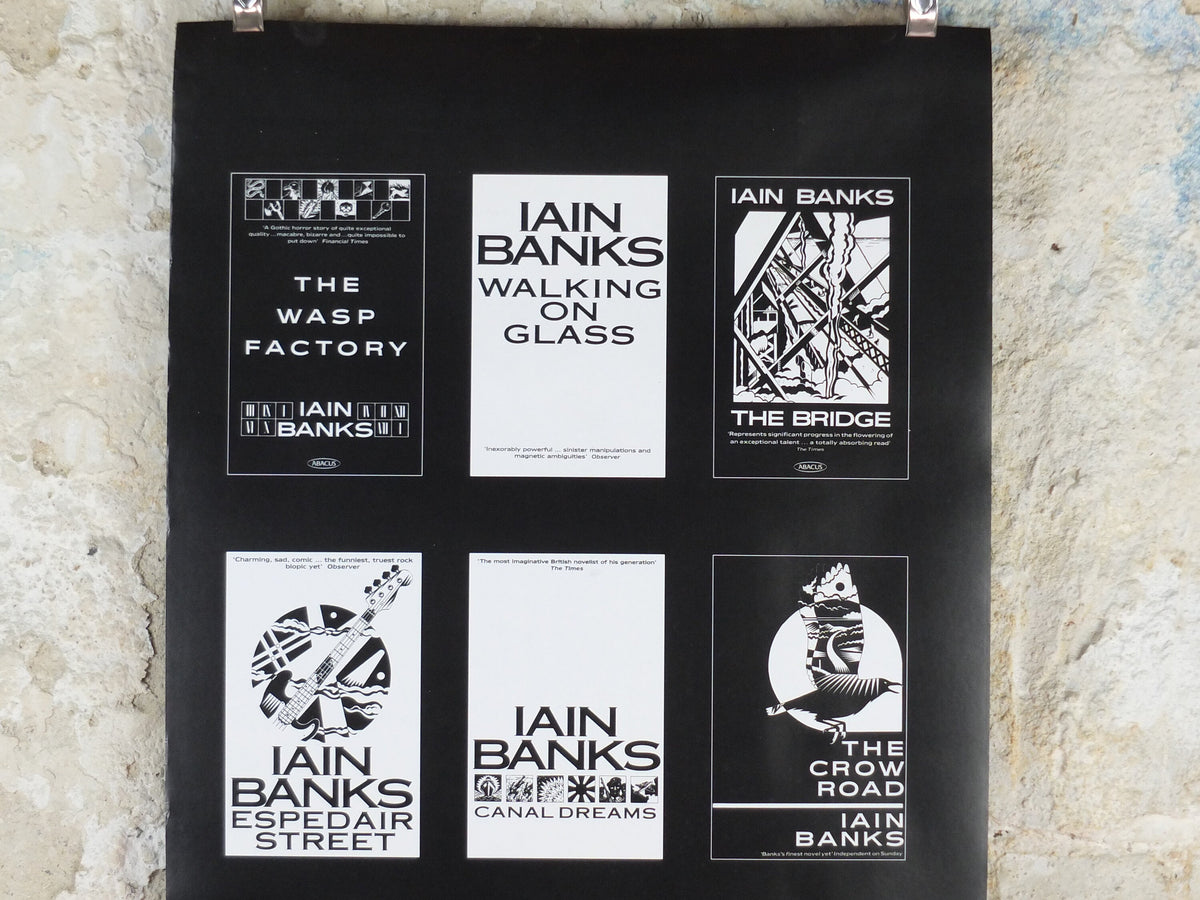 1999 Iain Banks Poster, The Business, "Break into Banks", double sided, narrow and monochrome, wall art retro decor