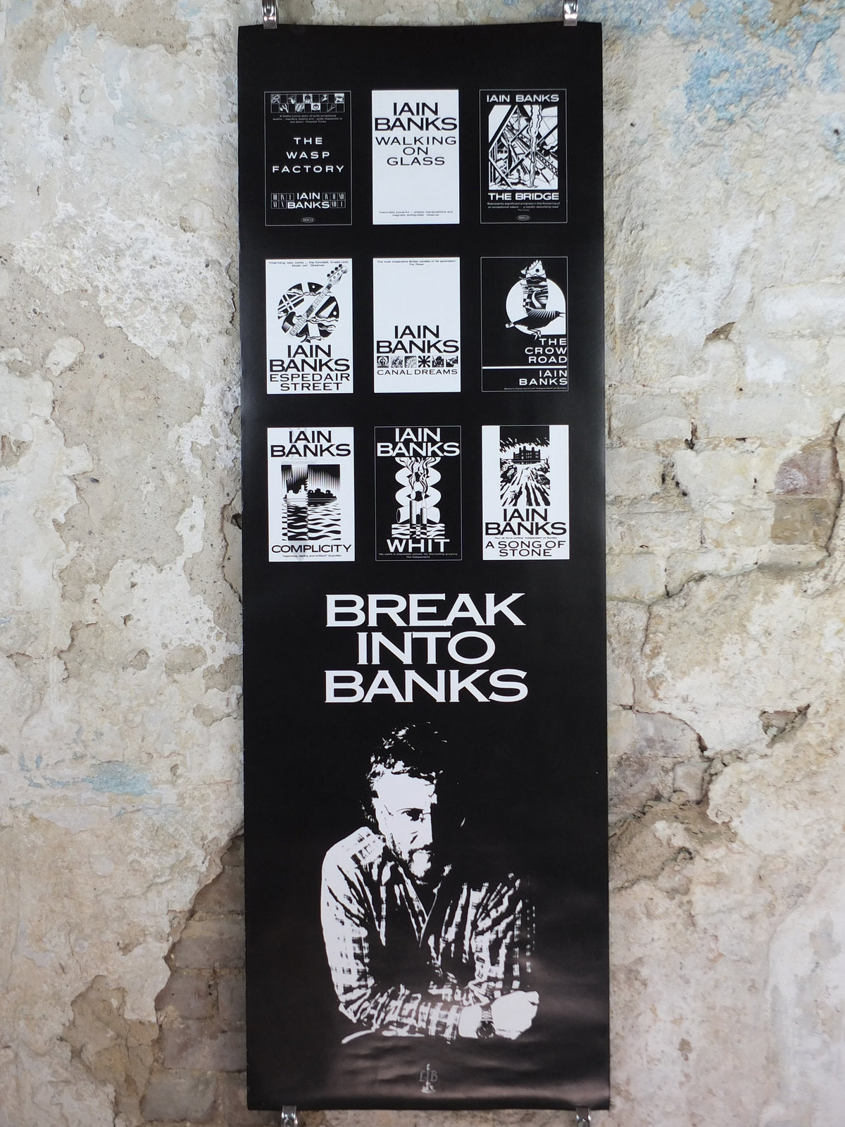 1999 Iain Banks Poster, The Business, "Break into Banks", double sided, narrow and monochrome, wall art retro decor