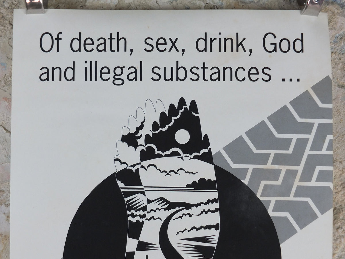 1992 Iain Banks Poster, The Crow Road, "Death, sex, drink, God and illegal substances", monochrome, wall art retro decor