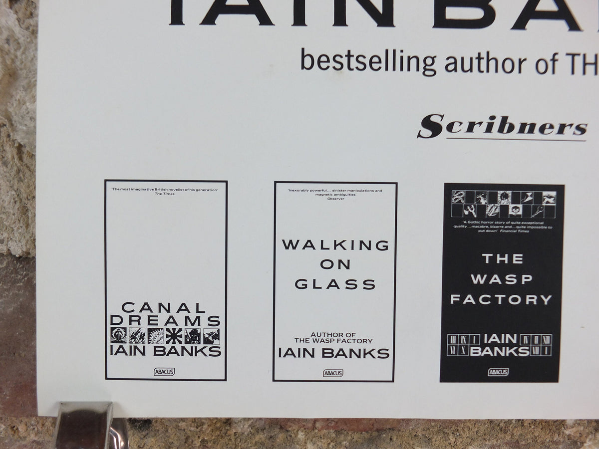 1992 Iain Banks Poster, The Crow Road, "Death, sex, drink, God and illegal substances", monochrome, wall art retro decor