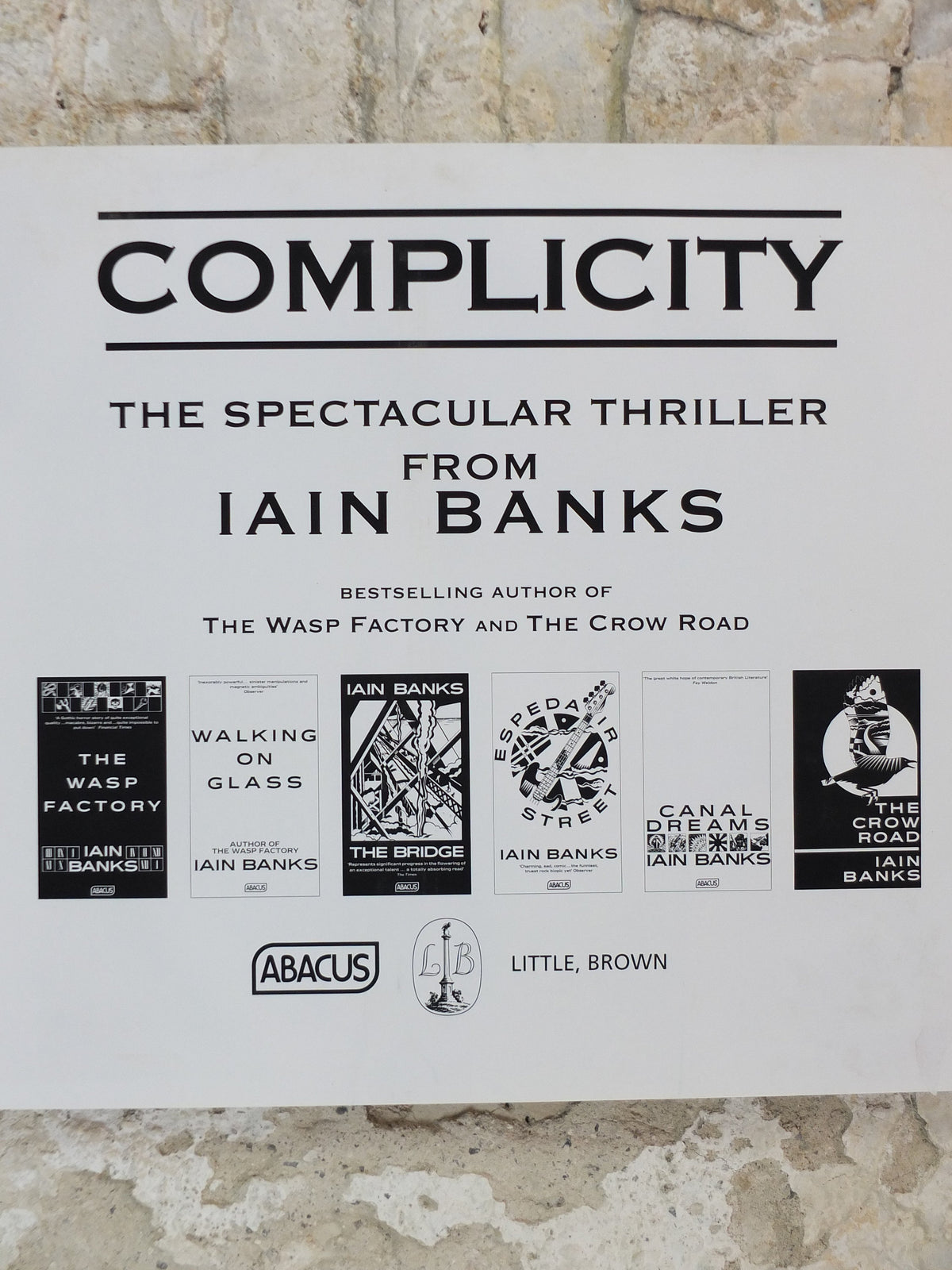 1993 Iain Banks Poster, Complicity, "Greed, corruption, conspiracy and the morality of violence". monochrome, wall art retro decor