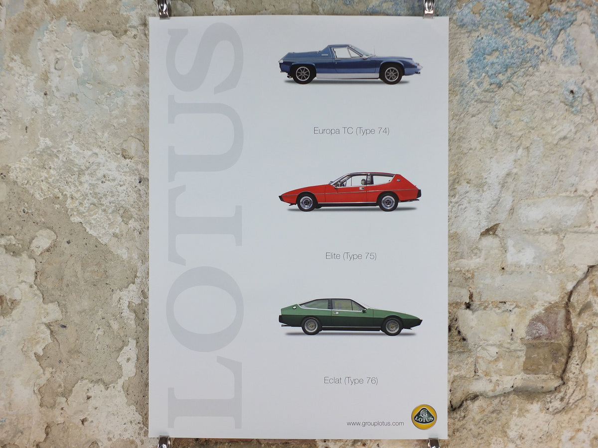 2000s Lotus Poster, showing sports cars Europa TC, Elite, Eclat hung in dealer showroom, Group Lotus sports, wall art decor