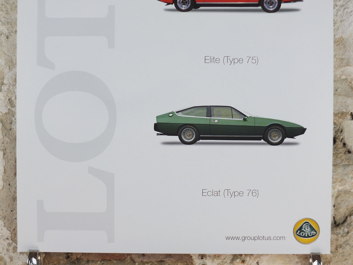 2000s Lotus Poster, showing sports cars Europa TC, Elite, Eclat hung in dealer showroom, Group Lotus sports, wall art decor