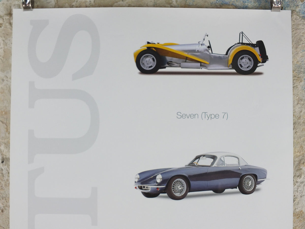 2000s Lotus Poster, showing sports cars Seven, Elite, Elan S1/2 hung in dealer showroom, Group Lotus sports, wall art decor
