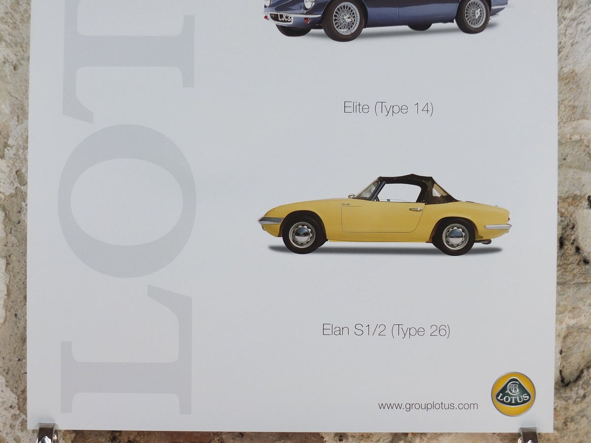 2000s Lotus Poster, showing sports cars Seven, Elite, Elan S1/2 hung in dealer showroom, Group Lotus sports, wall art decor