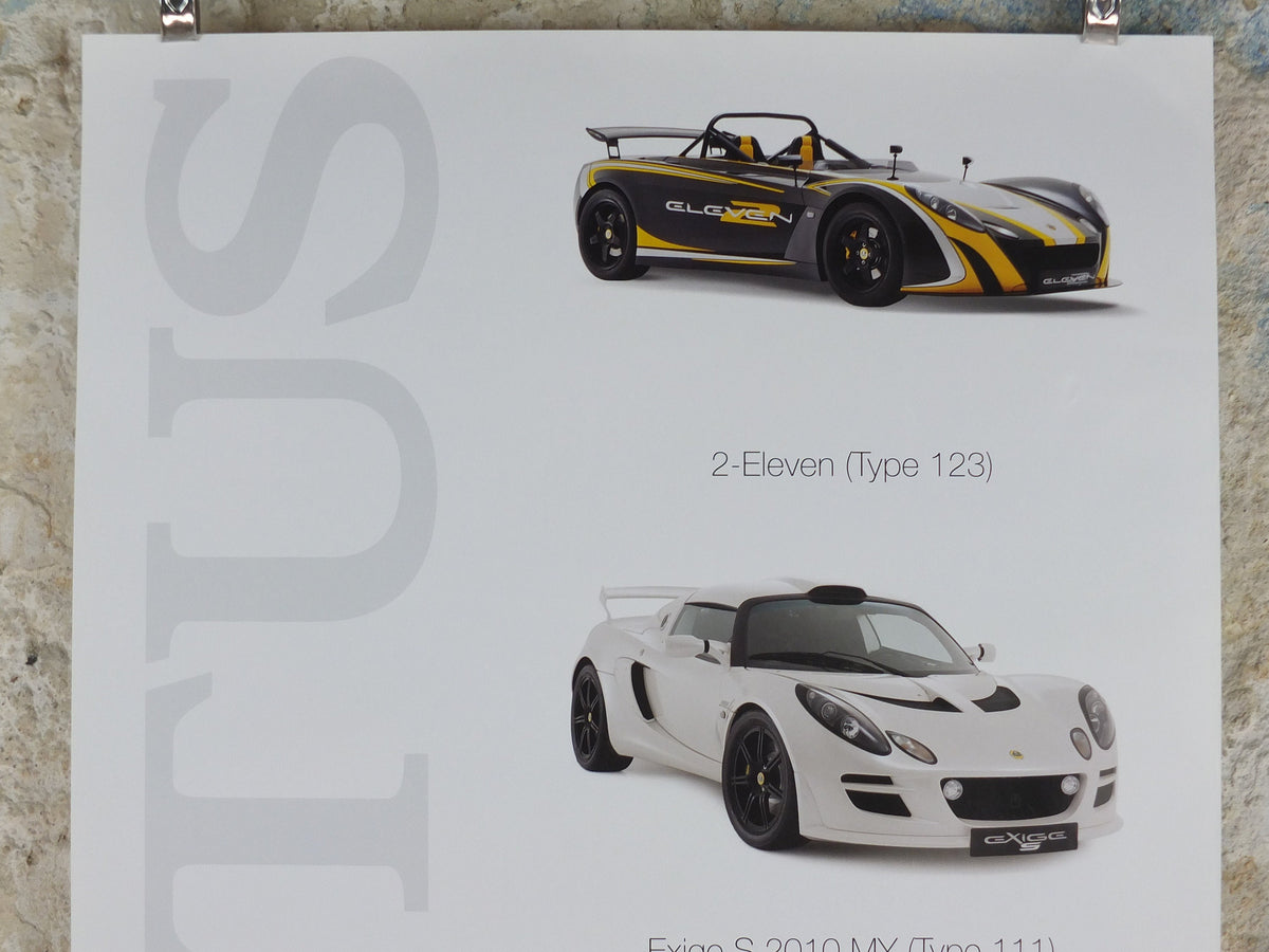 2000s Lotus Poster, showing the sports cars 2 Eleven, Exige S 2010 MY, Evora hung in dealer showroom, Group Lotus sports, wall art decor