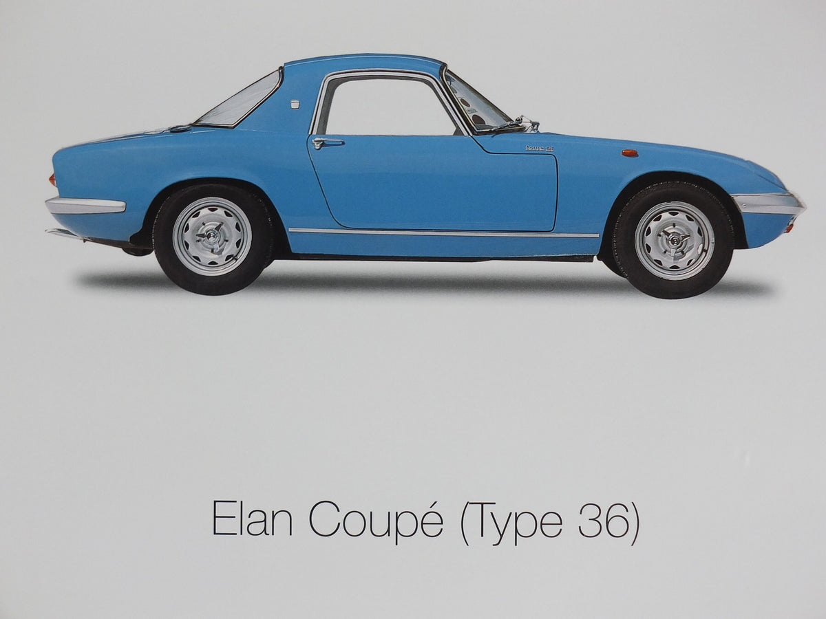 2000s Lotus Poster, showing sports cars Elan Coupe, Europa S2, Elan +2, hung in dealer showroom, Group Lotus sports, wall art decor