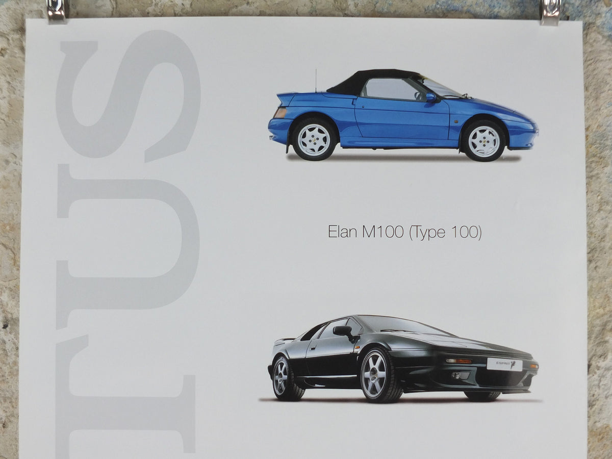 2000s Lotus Poster, showing the sports cars Elan M100, Esprit V8, Elise S1 hung in dealer showroom, Group Lotus sports, wall art decor