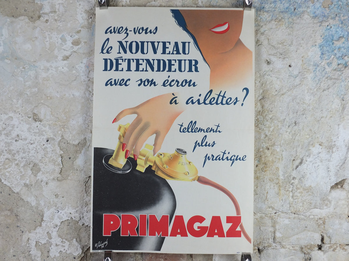 1956 Primagaz Poster, she smiles, original French gas heating advertising, home heating, industrial art, wall retro decor