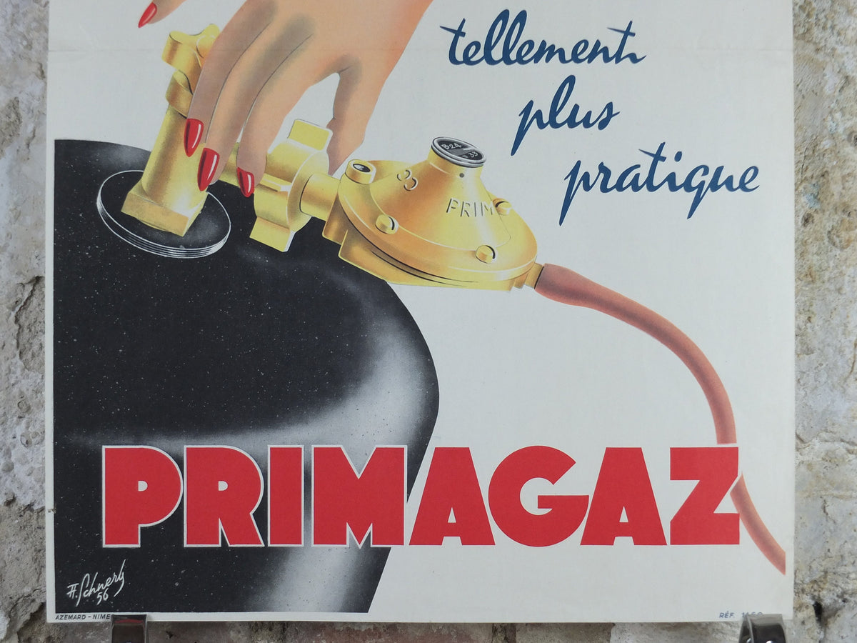 1956 Primagaz Poster, she smiles, original French gas heating advertising, home heating, industrial art, wall retro decor