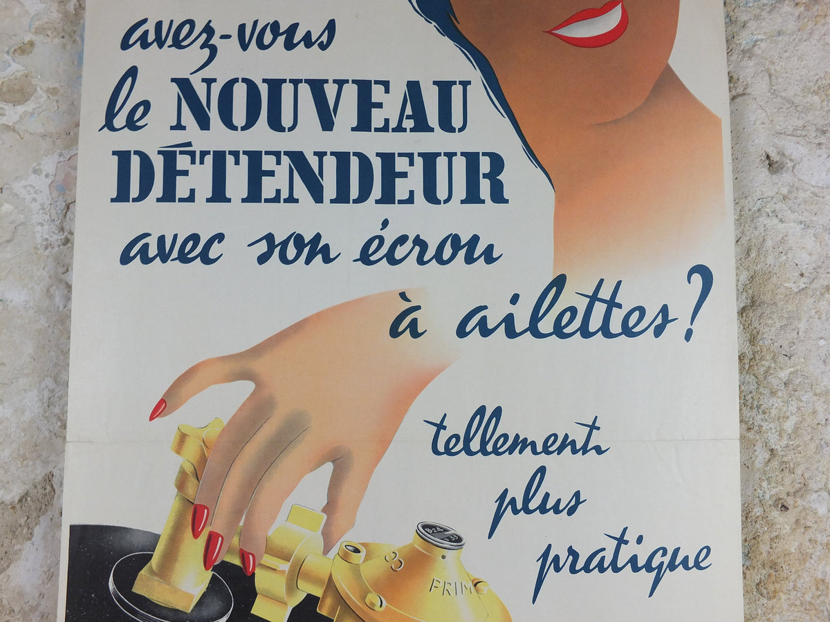 1956 Primagaz Poster, she smiles, original French gas heating advertising, home heating, industrial art, wall retro decor