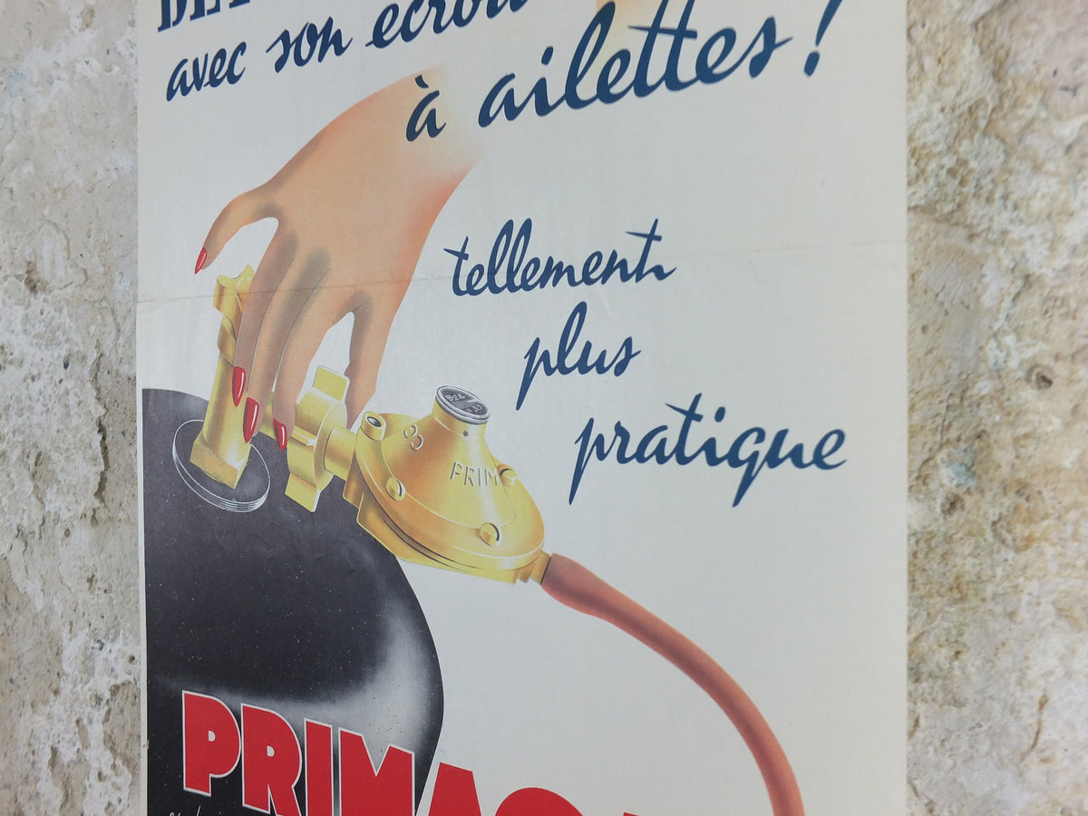1956 Primagaz Poster, she smiles, original French gas heating advertising, home heating, industrial art, wall retro decor