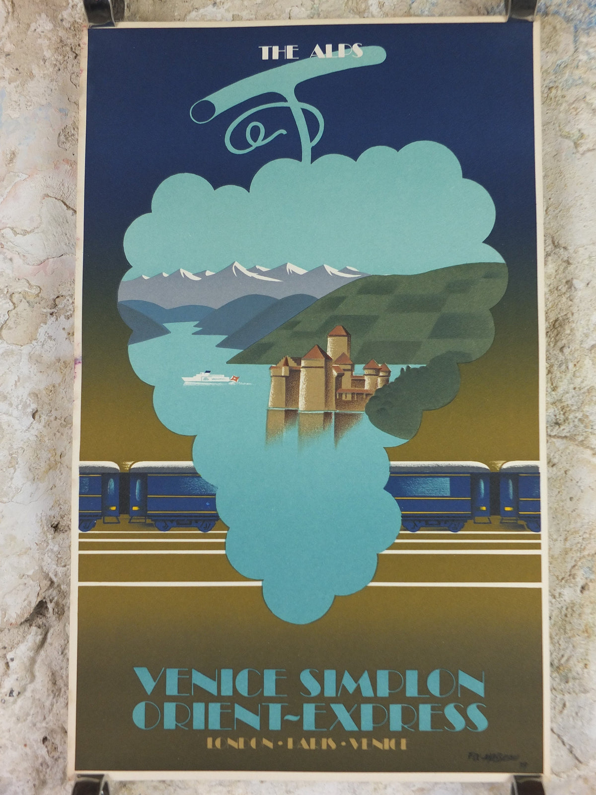 Original Venice Simplon Orient Express Poster, The Alps by Fix Masseau, Grapes, 1985 limited edition of 200, train, art deco, wall art decor