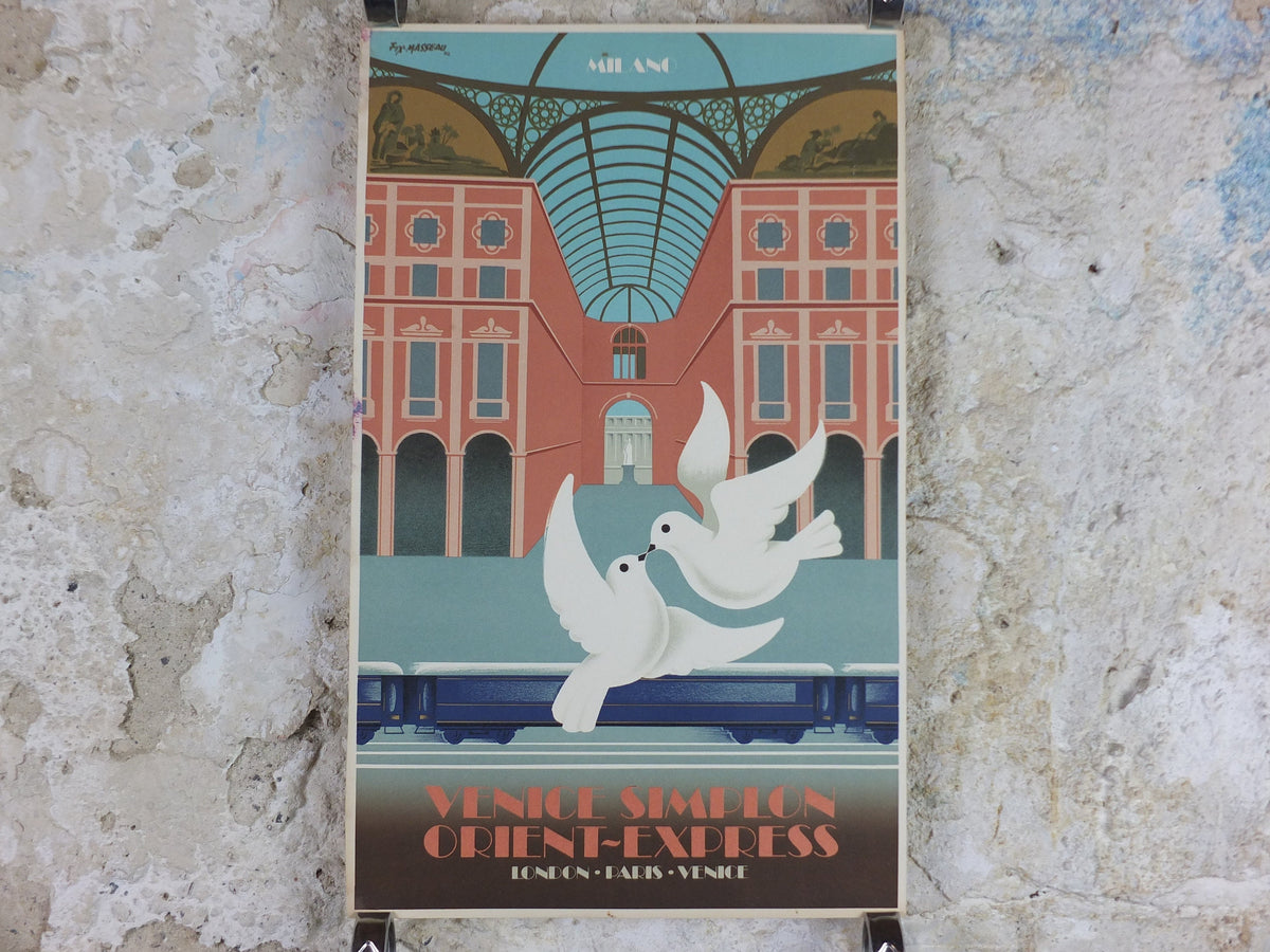 Original Venice Simplon Orient Express Poster, Milan by Fix Masseau, Doves, 1985 limited edition of 200, train, art deco, wall art decor