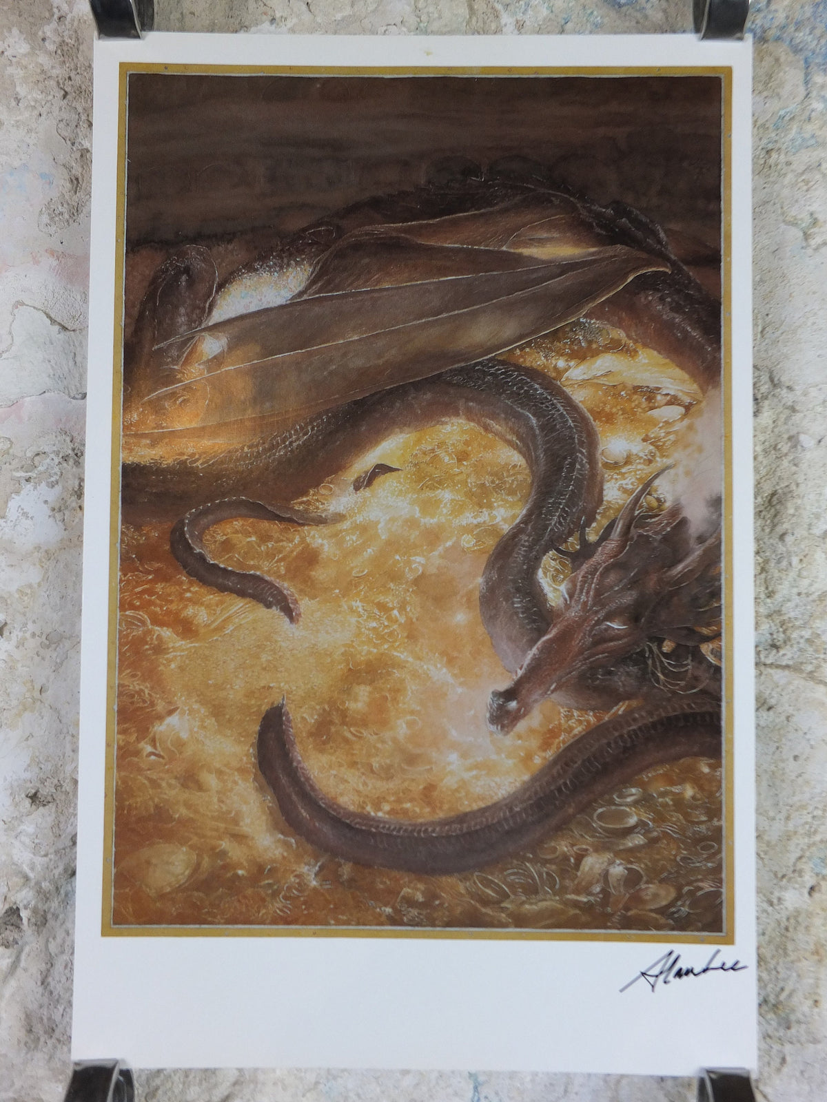 Signed 1997 Smaug Poster, by Alan Lee, Under the Lonely Mountain from The Hobbit, J.R.R. Tolkien, Erebor, illustration print wall art decor
