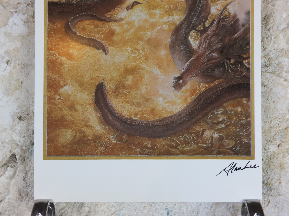 Signed 1997 Smaug Poster, by Alan Lee, Under the Lonely Mountain from The Hobbit, J.R.R. Tolkien, Erebor, illustration print wall art decor