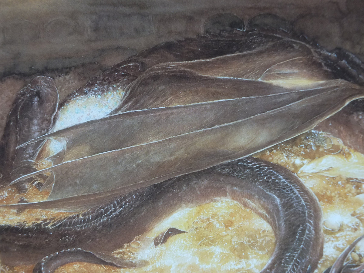 Signed 1997 Smaug Poster, by Alan Lee, Under the Lonely Mountain from The Hobbit, J.R.R. Tolkien, Erebor, illustration print wall art decor