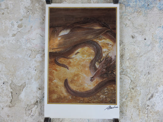 Signed 1997 Smaug Poster, by Alan Lee, Under the Lonely Mountain from The Hobbit, J.R.R. Tolkien, Erebor, illustration print wall art decor