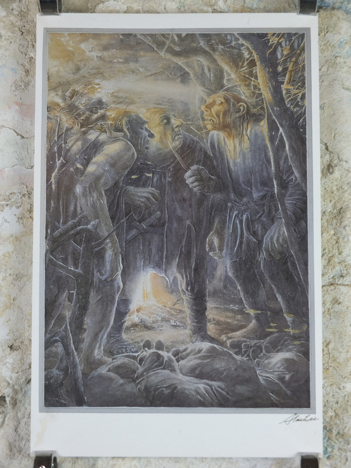 Signed 1997 The Stone Trolls Poster, by Alan Lee, Trolls capture dwarves from The Hobbit, J.R.R. Tolkien, illustration print wall art decor