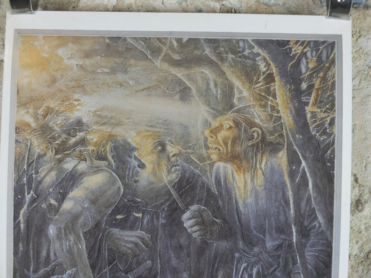 Signed 1997 The Stone Trolls Poster, by Alan Lee, Trolls capture dwarves from The Hobbit, J.R.R. Tolkien, illustration print wall art decor