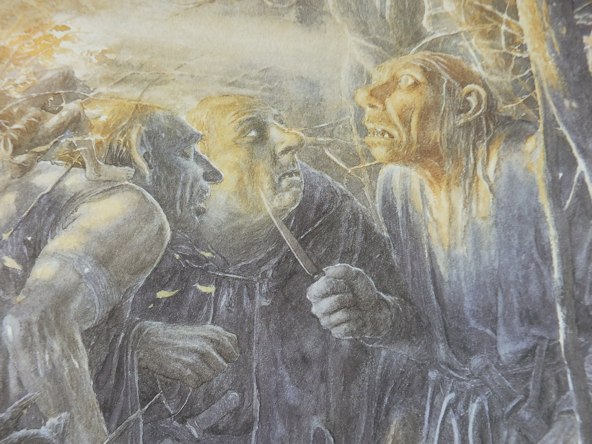 Signed 1997 The Stone Trolls Poster, by Alan Lee, Trolls capture dwarves from The Hobbit, J.R.R. Tolkien, illustration print wall art decor