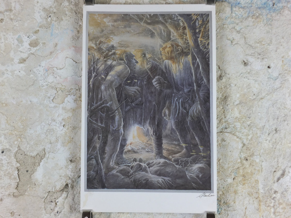 Signed 1997 The Stone Trolls Poster, by Alan Lee, Trolls capture dwarves from The Hobbit, J.R.R. Tolkien, illustration print wall art decor