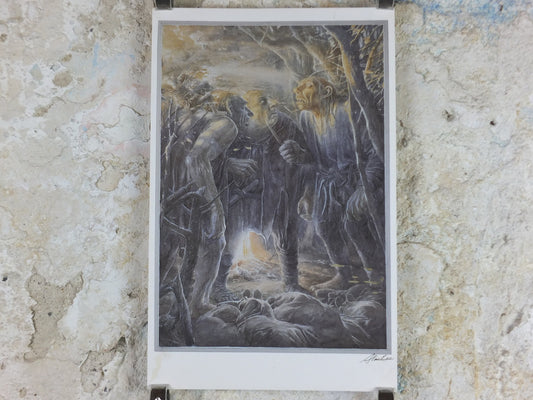 Signed 1997 The Stone Trolls Poster, by Alan Lee, Trolls capture dwarves from The Hobbit, J.R.R. Tolkien, illustration print wall art decor