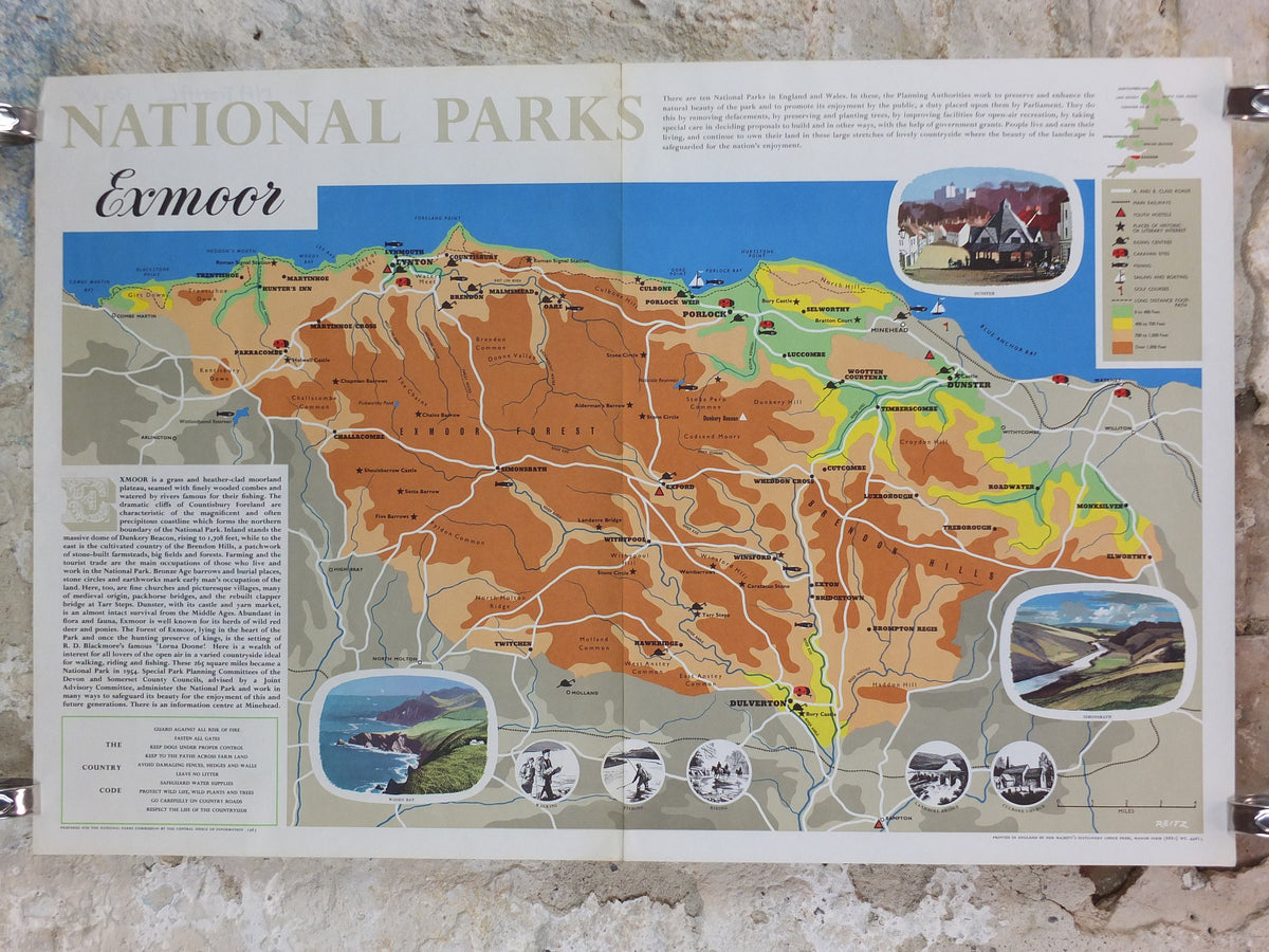 1965 Exmoor Poster, National Parks, west Somerset and north Devon, Travel and Tourism, walking trail, wall art decor