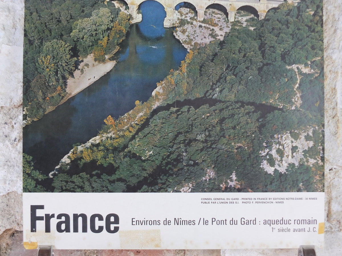 1960s Pont du Gard Nimes Poster, Roman Aqueduct, France, travel wall art decor