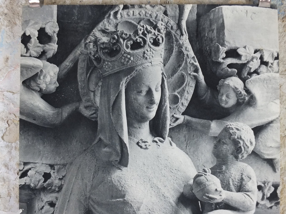 1960s Amiens Cathedral Poster, Mary and baby Jesus statue, France, travel wall art decor